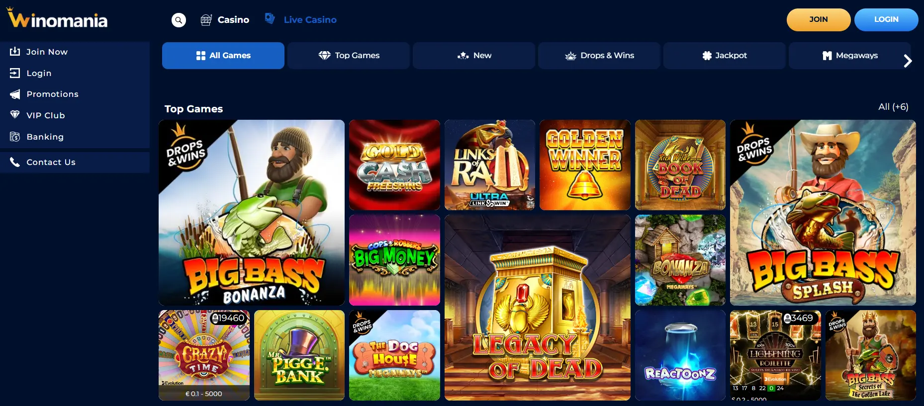 Mobile access to Winomania Casino