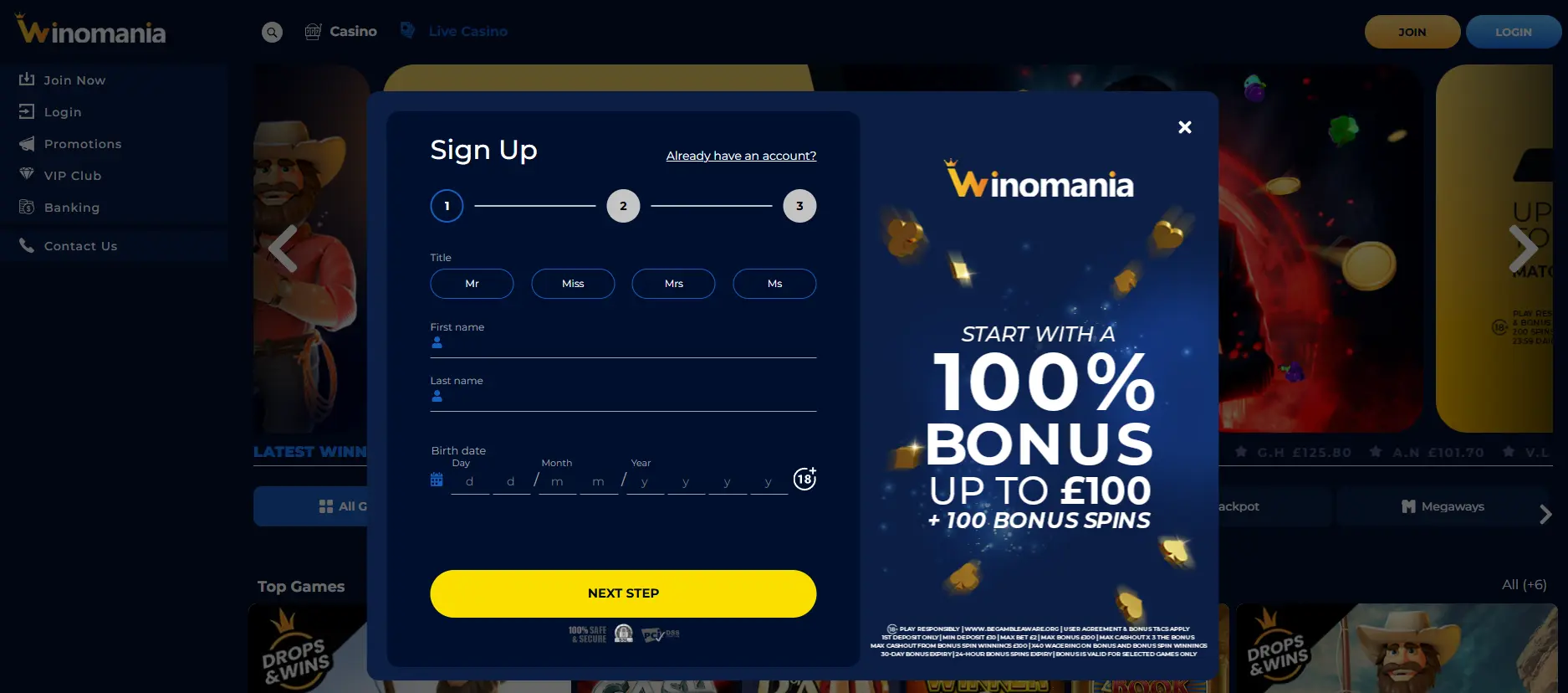 Registration and login to Winomania Casino